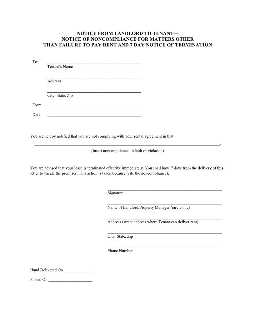 Notice Of Noncompliance Other Than Rent 7 Day Notice Of Termination | Pdf Fpdf Docx | Florida