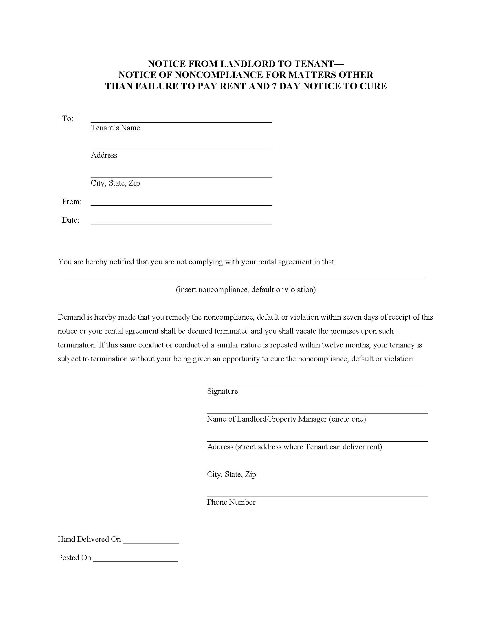 Notice Of Noncompliance Other Than Rent 7 Day Notice To Cure | Pdf Fpdf Docx | Florida