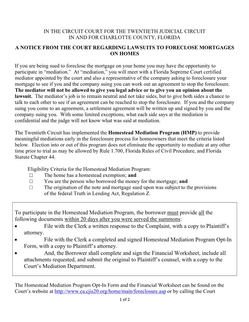 Notice Regarding Foreclosure Lawsuits (To Be Served With Summons - Charlotte) | Pdf Fpdf Docx | Florida