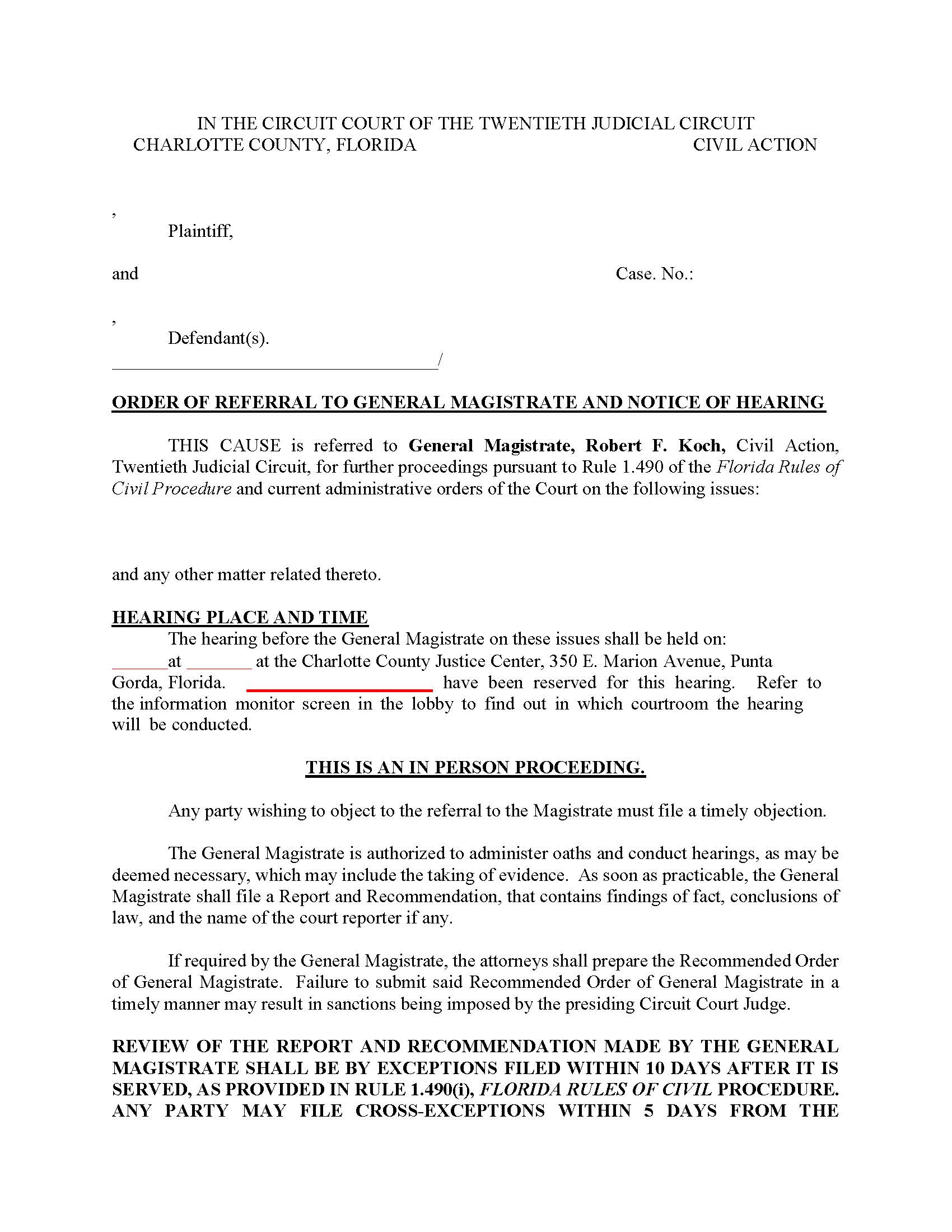 Order Of Referral To General Magistrate And Notice Of Hearing (Judge Gentile) | Pdf Fpdf Docx | Florida