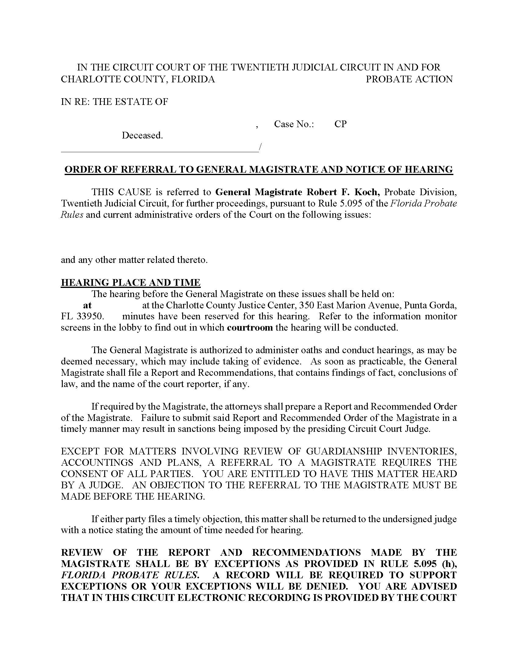 Order Of Referral To Magistrate Notice Of Hearing (Probate - Judge Mason) {CHA ORMNH-M} | Pdf Fpdf Docx | Florida