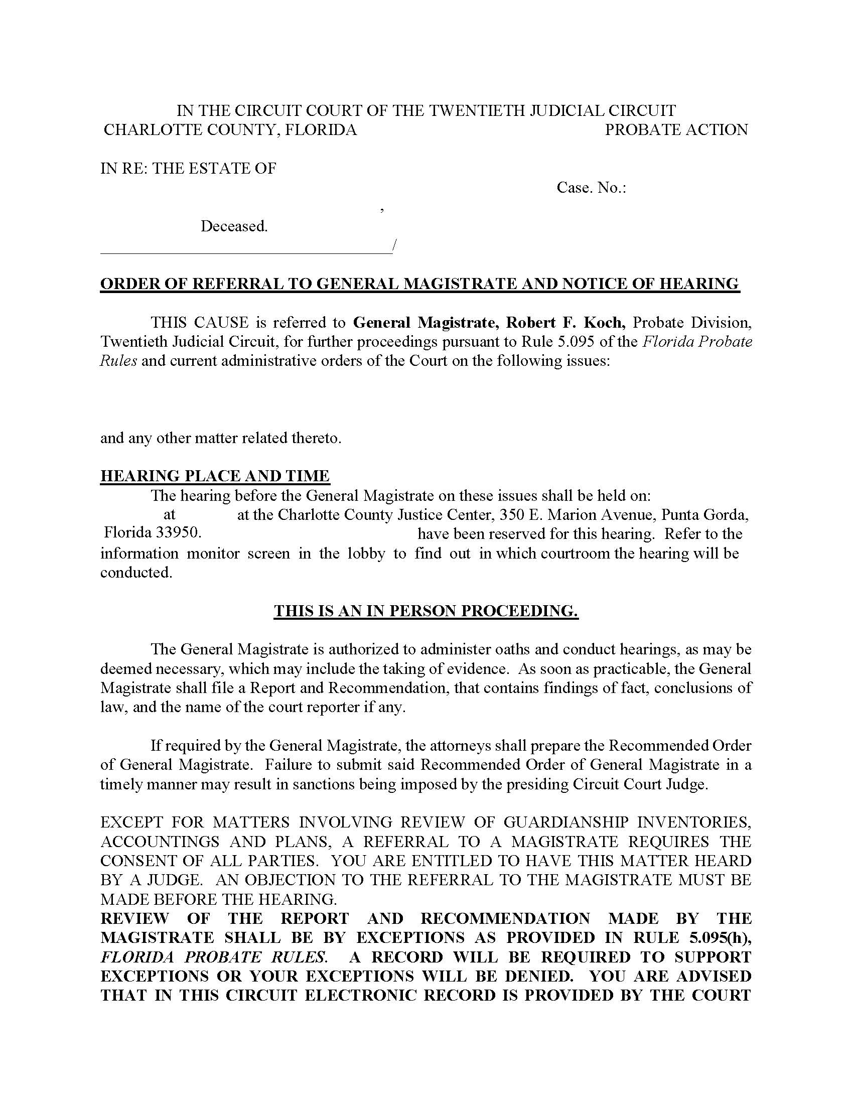 Order Of Referral To Magistrate Notice Of Hearing (Probate - Judge McFee) | Pdf Fpdf Docx | Florida
