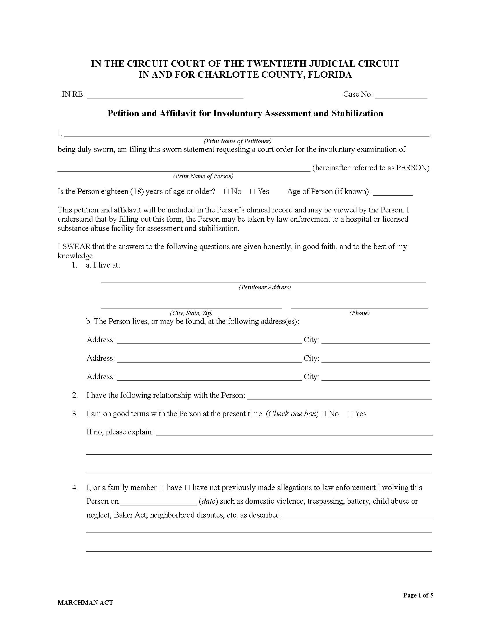 Petition And Affidavit For Involuntary Assessment And Stabilization (Marchman Petition) | Pdf Fpdf Docx | Florida