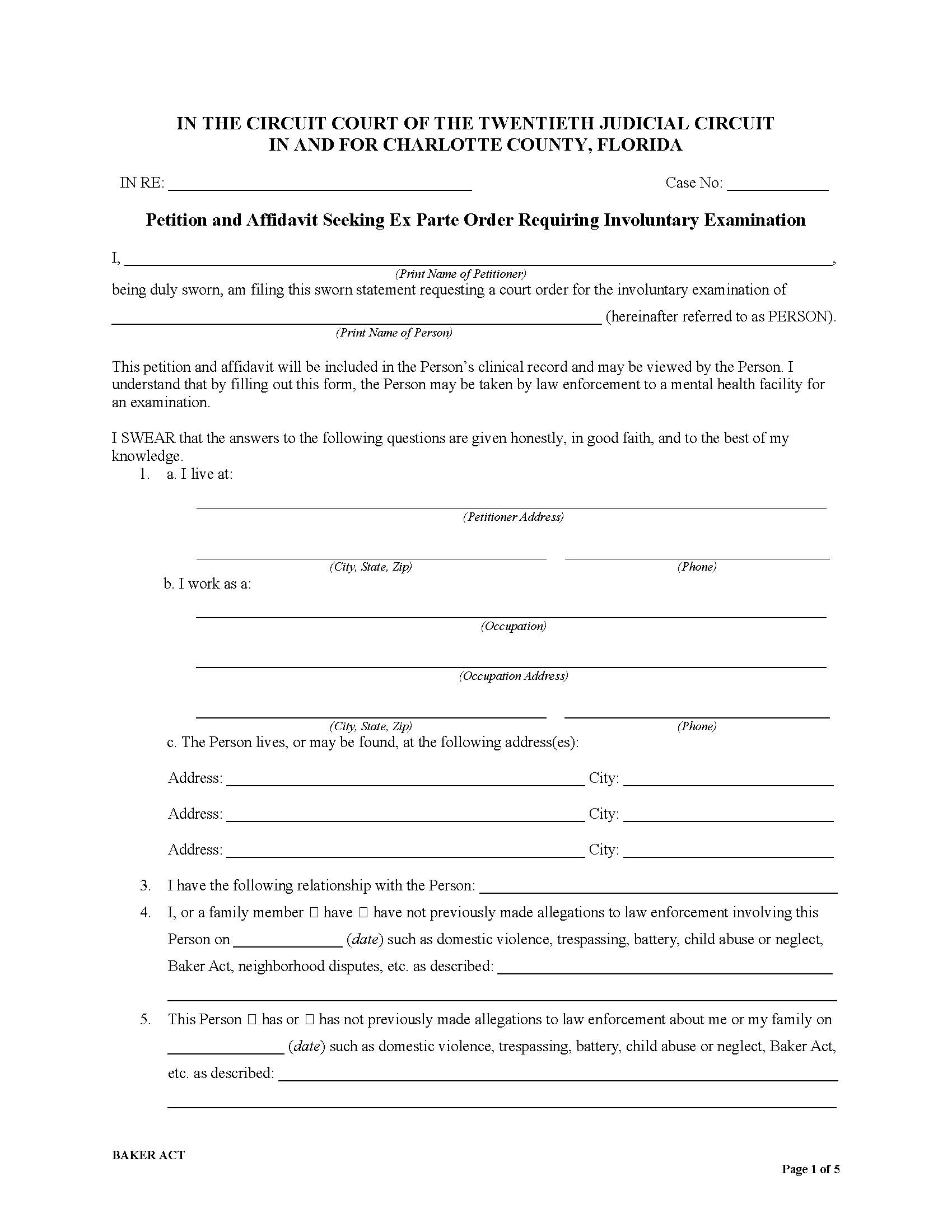Petition And Affidavit Seeking Ex Parte Order Involuntary Examination (Baker Act) | Pdf Fpdf Docx | Florida