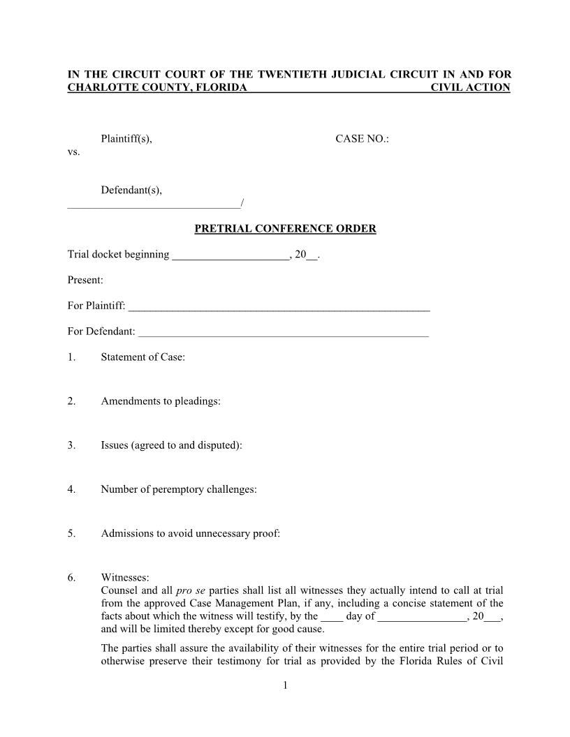 Pretrial Conference Order (Judge Gentile) | Pdf Fpdf Docx | Florida