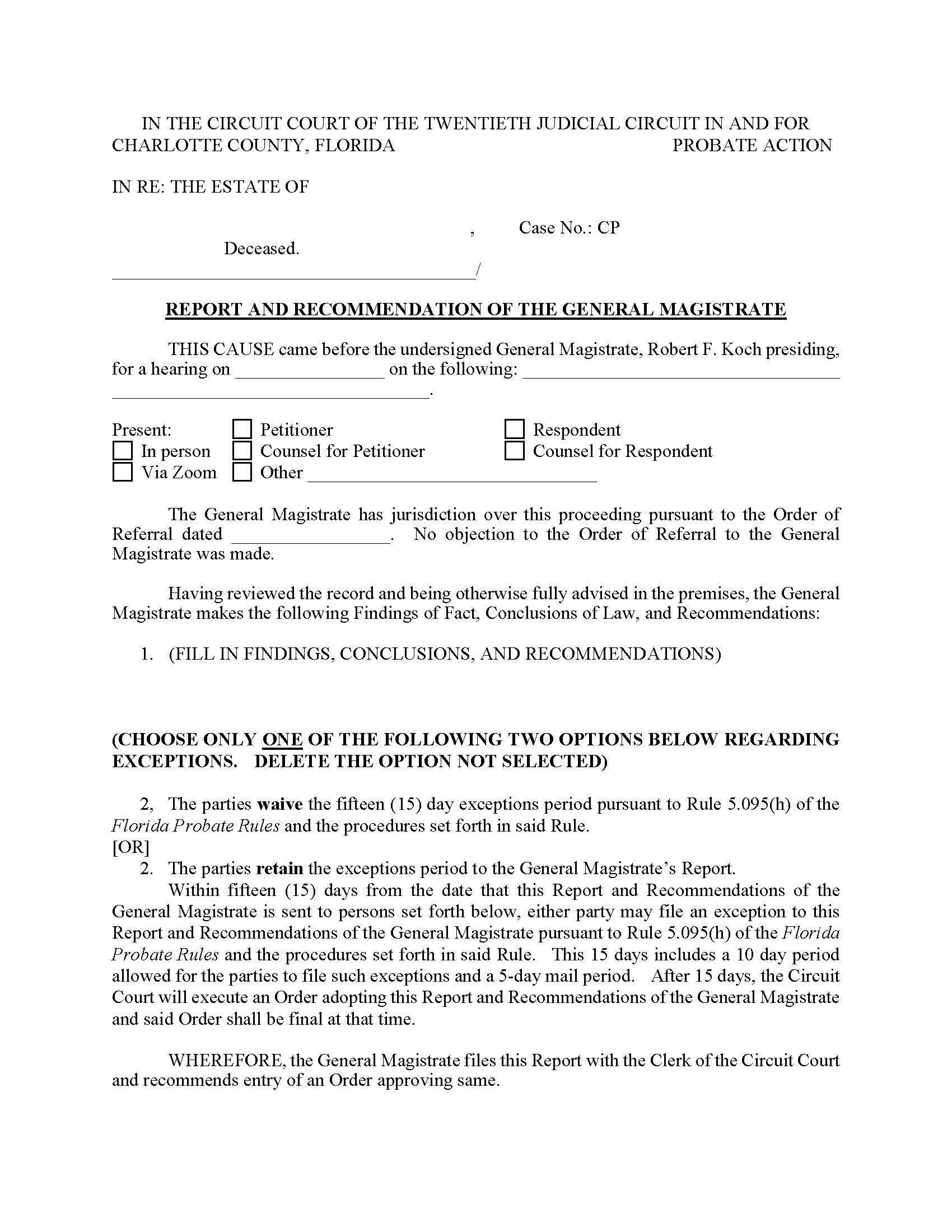 Report And Recommendation Of Magistrate (Probate - Mag. Judge Koch) {CHA RRMP-RFK} | Pdf Fpdf Docx | Florida