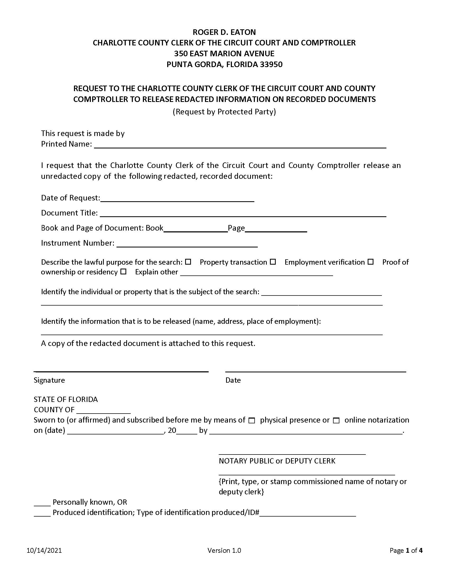 Request (By Protected Party) To Release Redacted Information On Recorded Documents | Pdf Fpdf Docx | Florida
