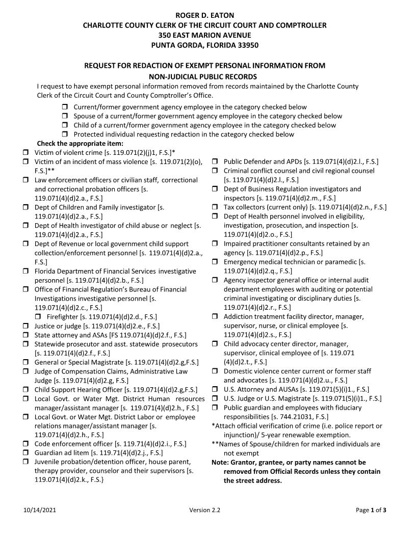 Request For Redaction Of Exempt Personal Information Non-Judicial Records | Pdf Fpdf Docx | Florida