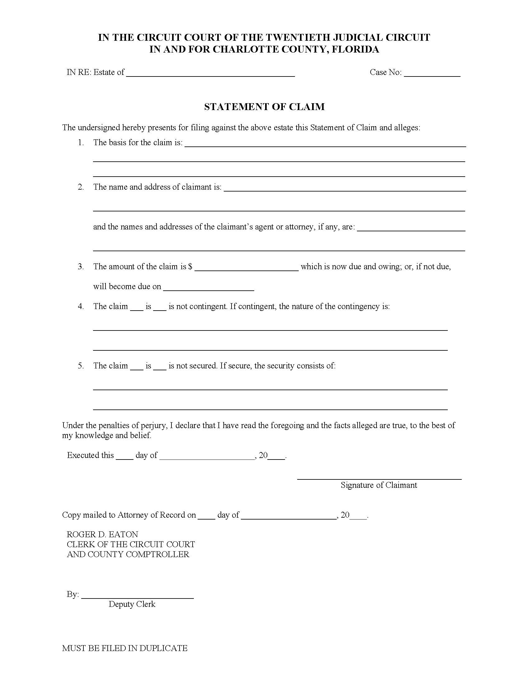 Statement Of Claim (Probate) | Pdf Fpdf Docx | Florida
