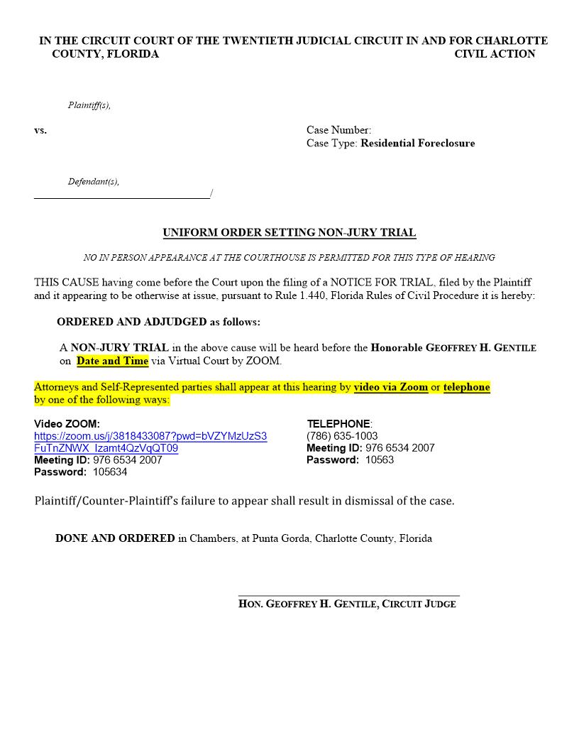 Uniform Order Setting Non-Jury Trial (Resiidential Foreclosure - Judge Gentile) | Pdf Fpdf Docx | Florida