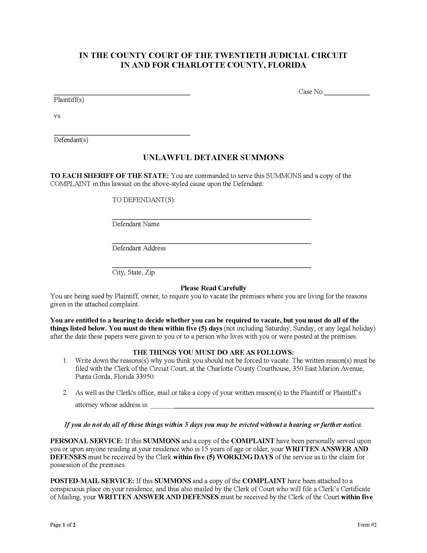 Unlawful Detainer Summons | Pdf Fpdf Docx | Florida