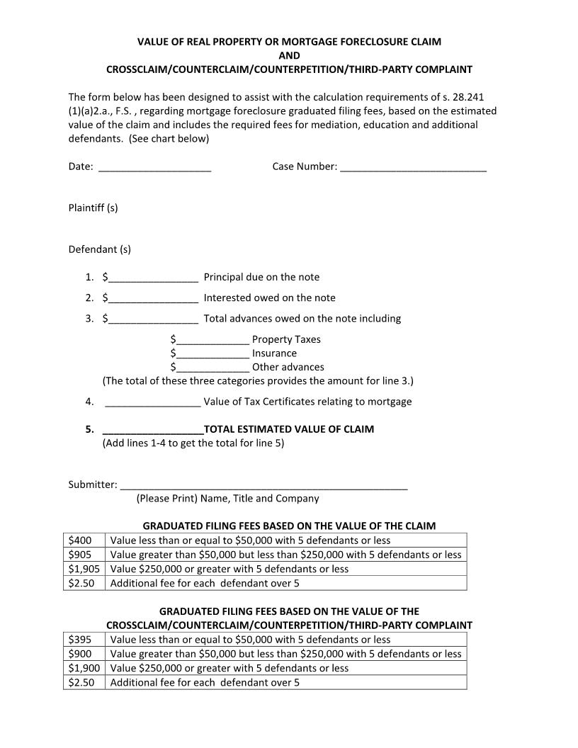Value Of Real Property-Mortgage Foreclosure Claim | Pdf Fpdf Docx | Florida