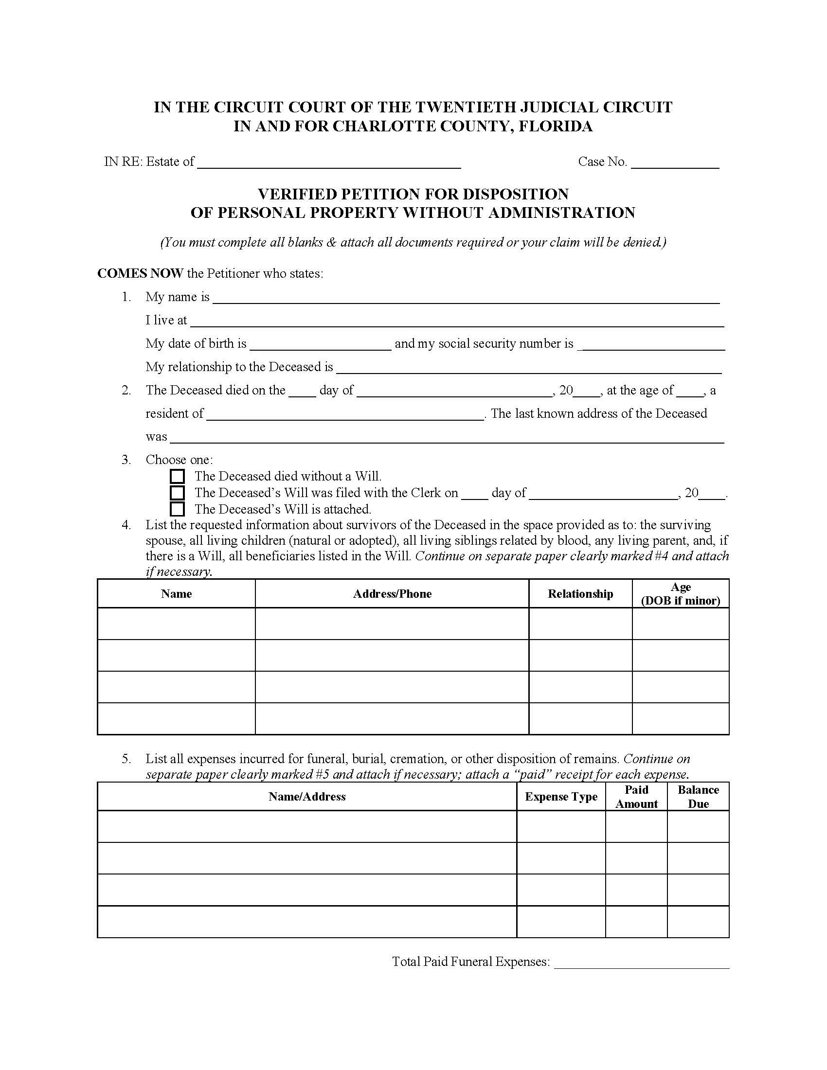 Verified Petition For Disposition Of Personal Property Without Administration (Packet) | Pdf Fpdf Docx | Florida