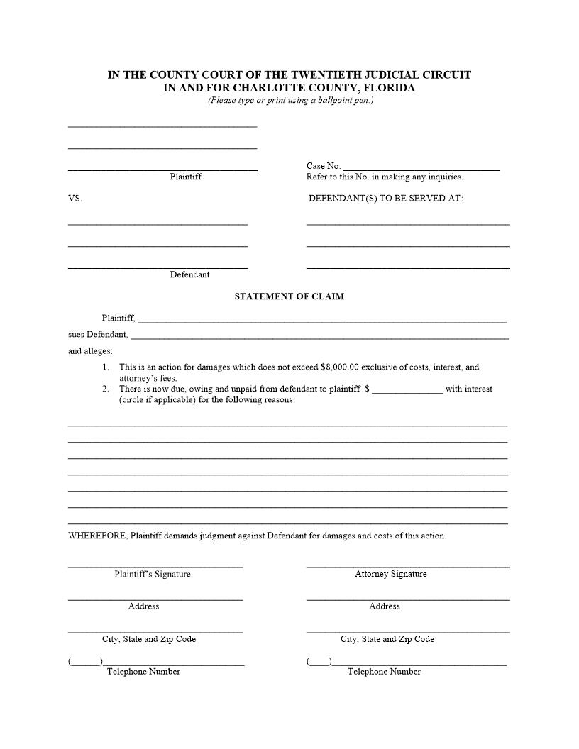 Statement Of Claim | Pdf Fpdf Docx | Florida
