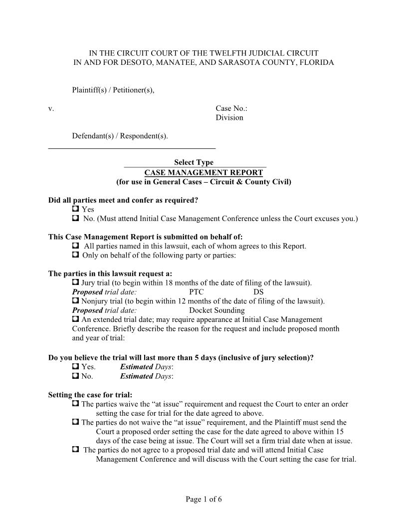 Case Management Report (General Circuit And County Cases) | Pdf Fpdf Docx | Florida