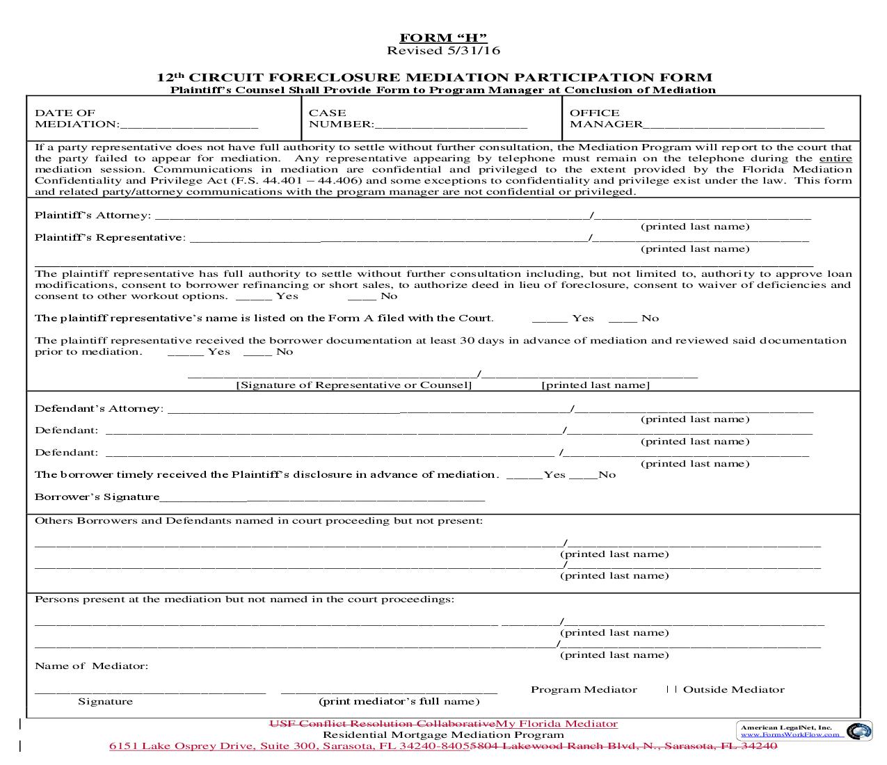 12th Circuit Foreclosure Mediation Participation Form {Form H} |  | Florida