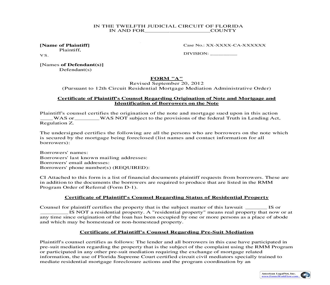 Certificate Of Plaintiffs Counsel Regarding Origination Of Note And Mortgage {Form A} |  | Florida