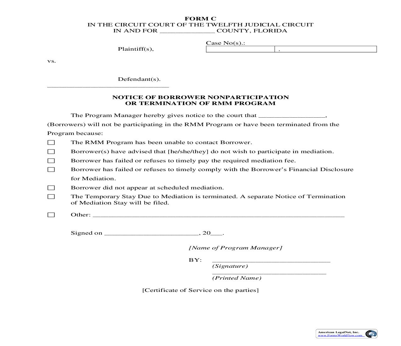 Notice Of Borrower Nonparticipation Or Termination Of RMM Program {Form C} |  | Florida