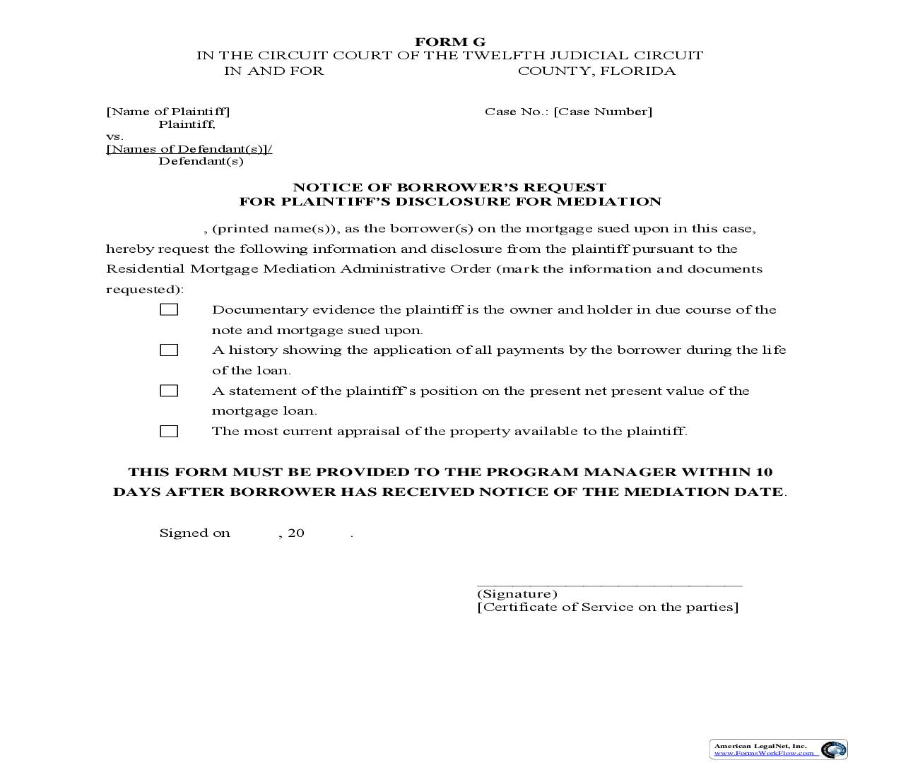 Notice Of Borrowers Request For Plaintiffs Disclosure For Mediation {Form G} |  | Florida