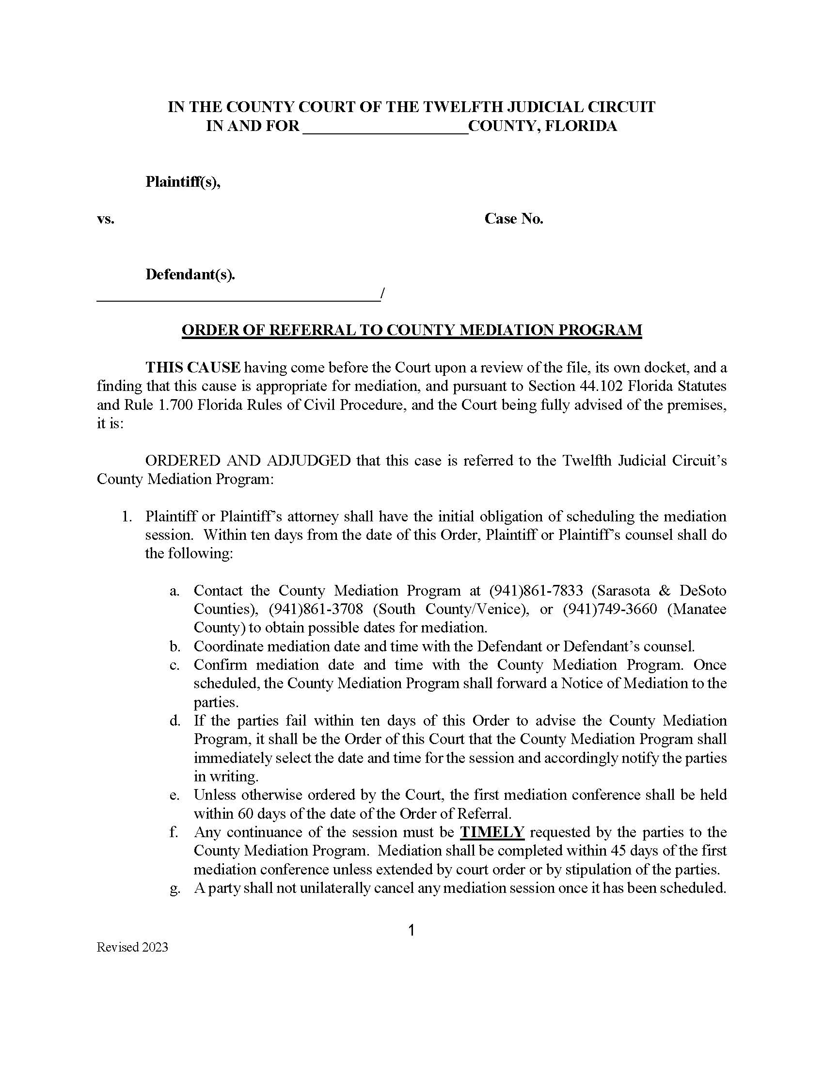 Order Of Referral To County Mediation Program {12JC ORCMP} | Pdf Fpdf Docx | Florida