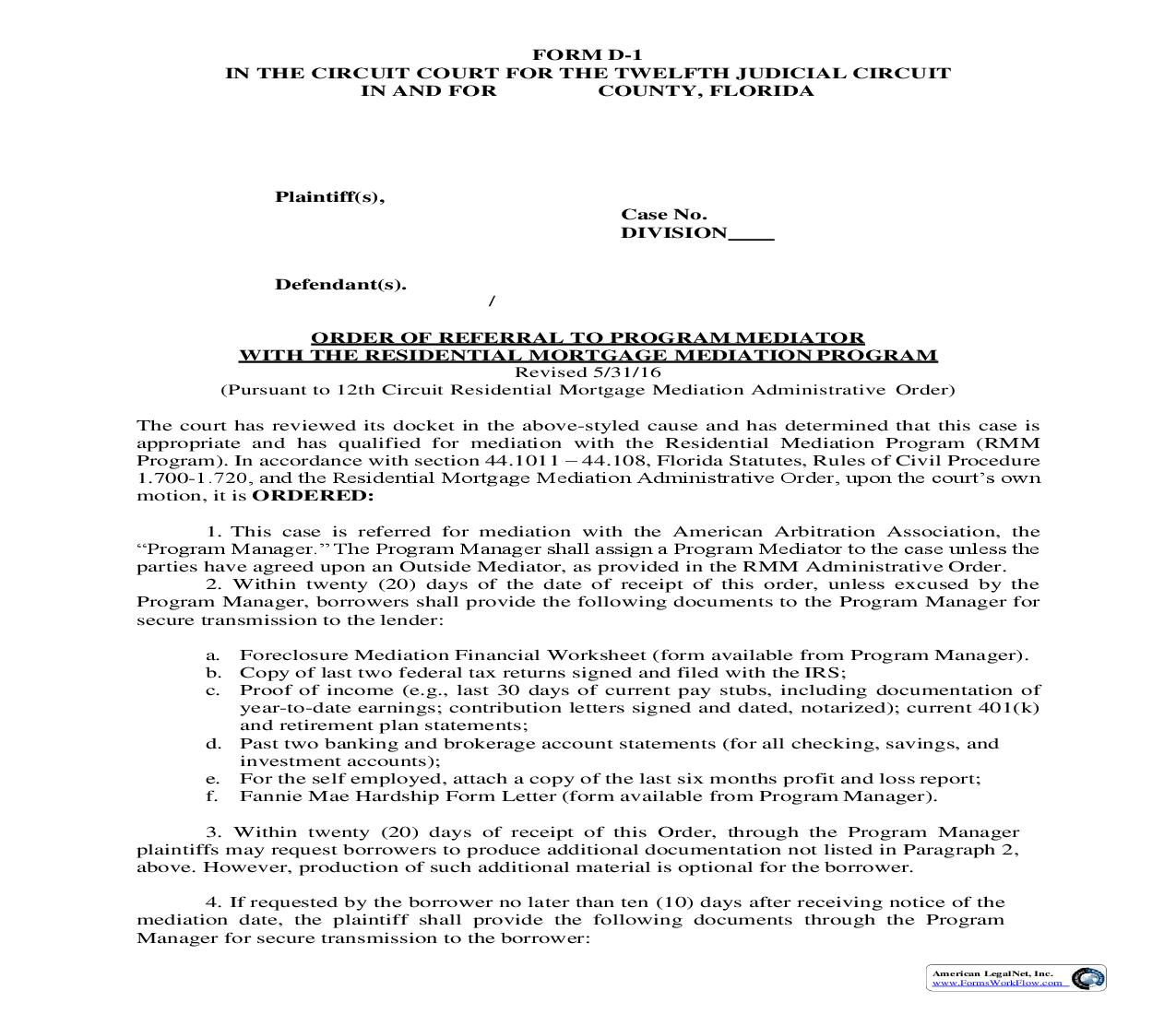 Order Of Referral To Program Mediator With The Residential Mortgage Mediation Program {Form D-1} |  | Florida