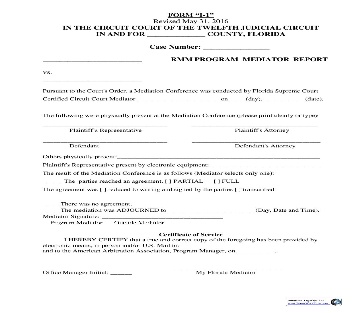 RMM Program Mediator Report {Form I-1} |  | Florida