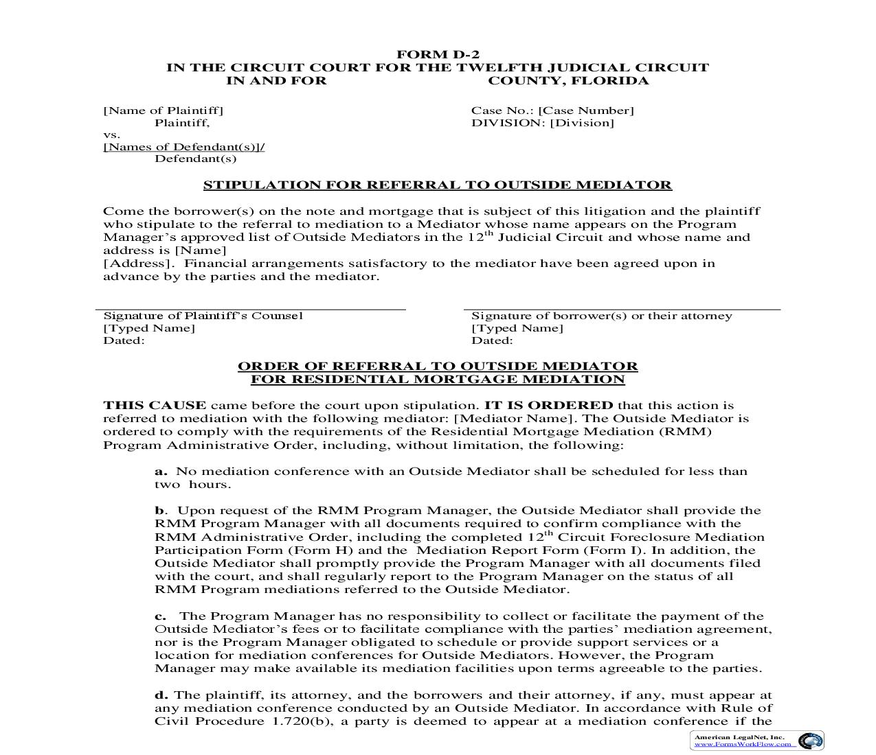 Stipulation And Order Referral To Outside Mediator {Form D-2} |  | Florida