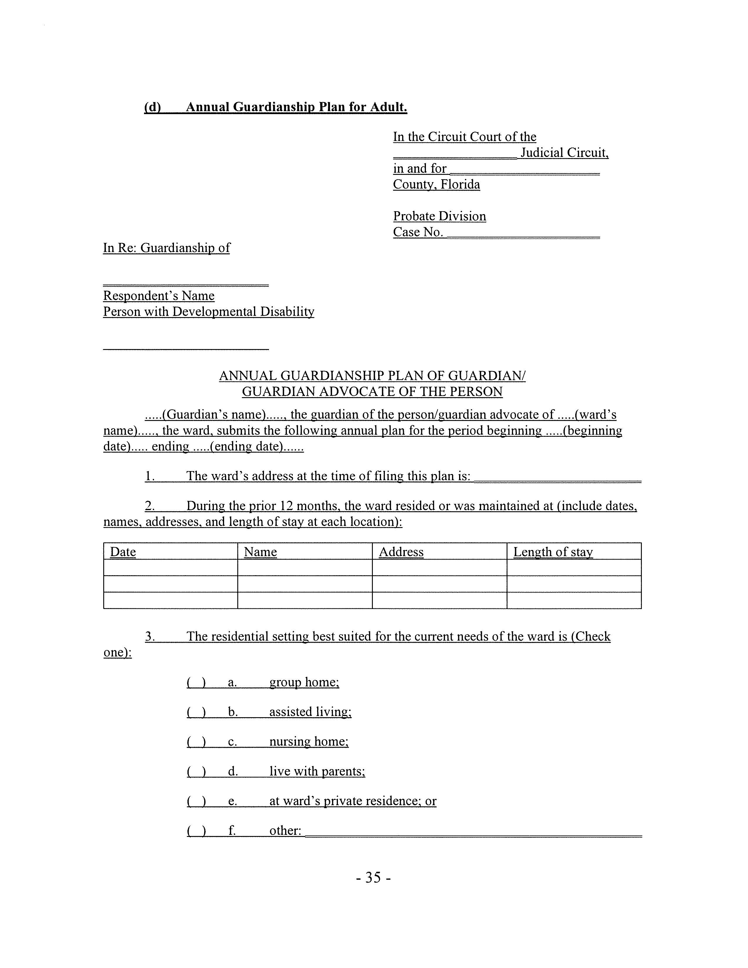 Annual Guardianship Plan (Person With Developmental Disability) | Pdf Fpdf Docx | Florida