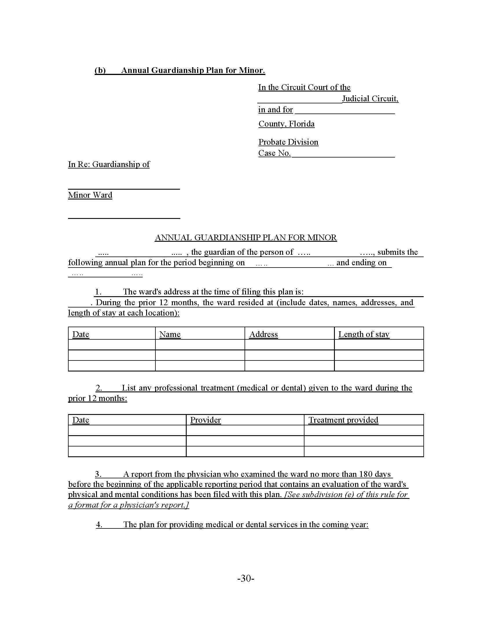 Annual Guardianship Plan For Minor (Guardian Of Person) | Pdf Fpdf Docx | Florida