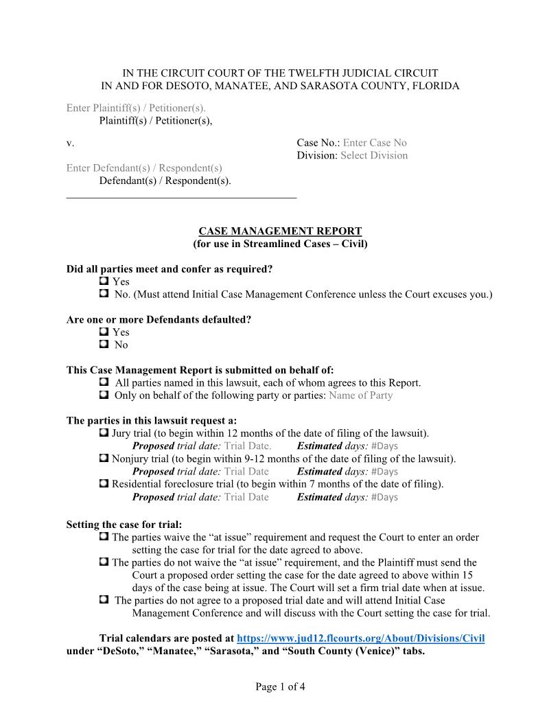 Case Management Report (Streamlined) | Pdf Fpdf Docx | Florida