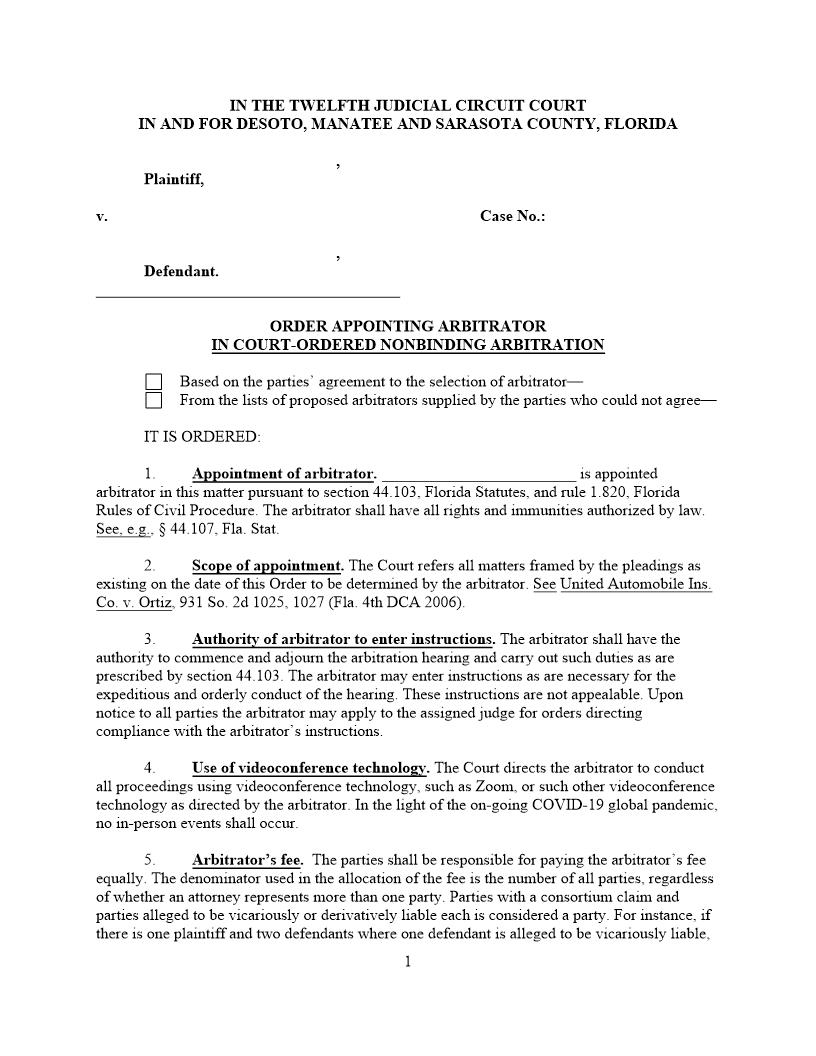 Order Appointing Arbitrator In Court-Ordered Nonbinding Arbitration | Pdf Fpdf Docx | Florida