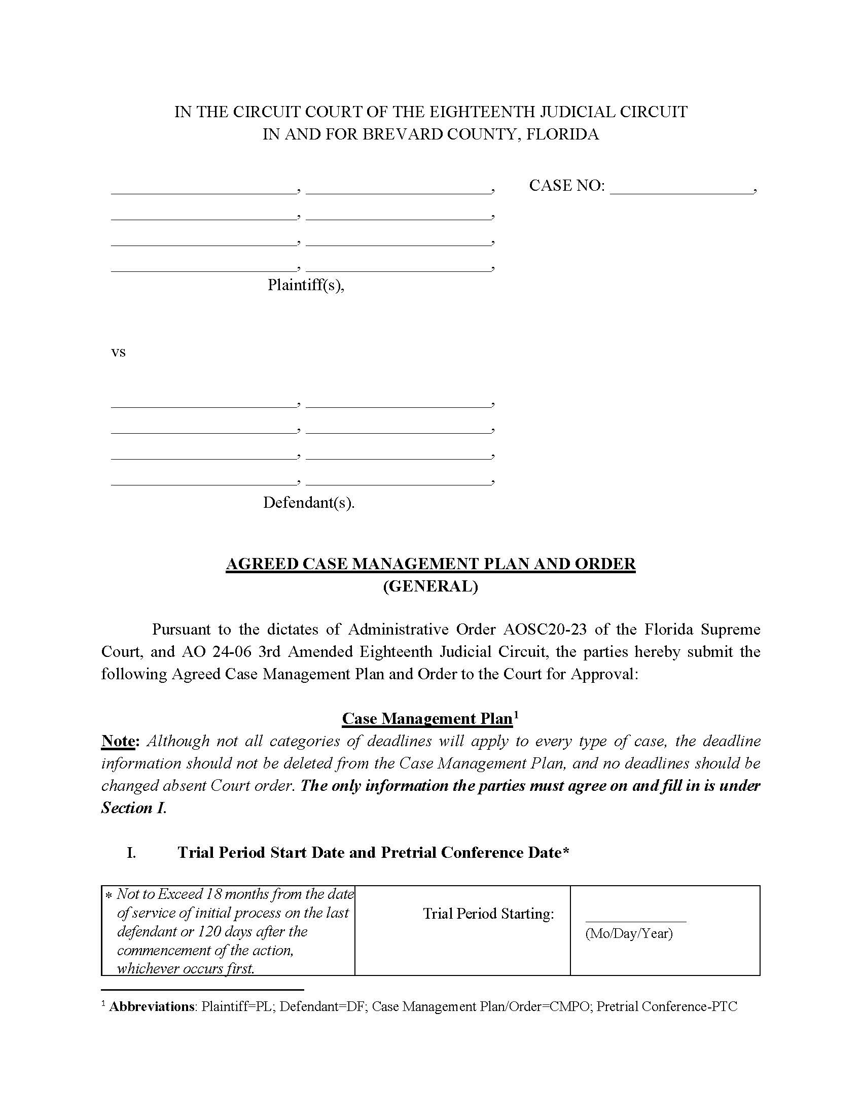 Agreed Case Management Plan And Order General Brevard {Exhibit B} | Pdf Fpdf Docx | Florida