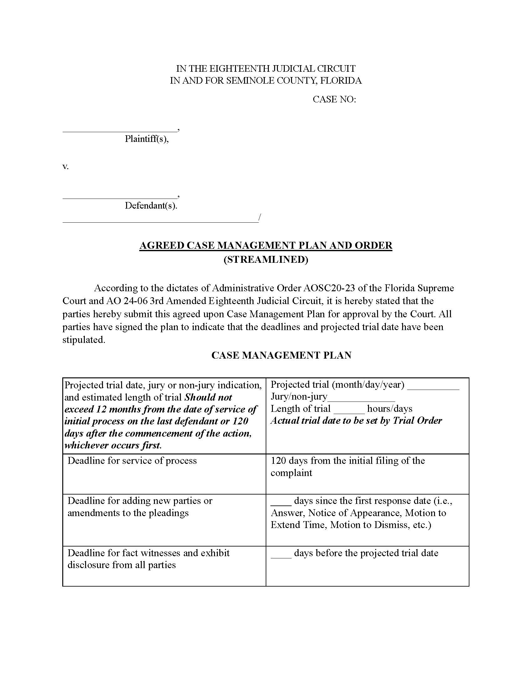 Agreed Case Management Plan And Order Seminole {Exhibit C} | Pdf Fpdf Docx | Florida