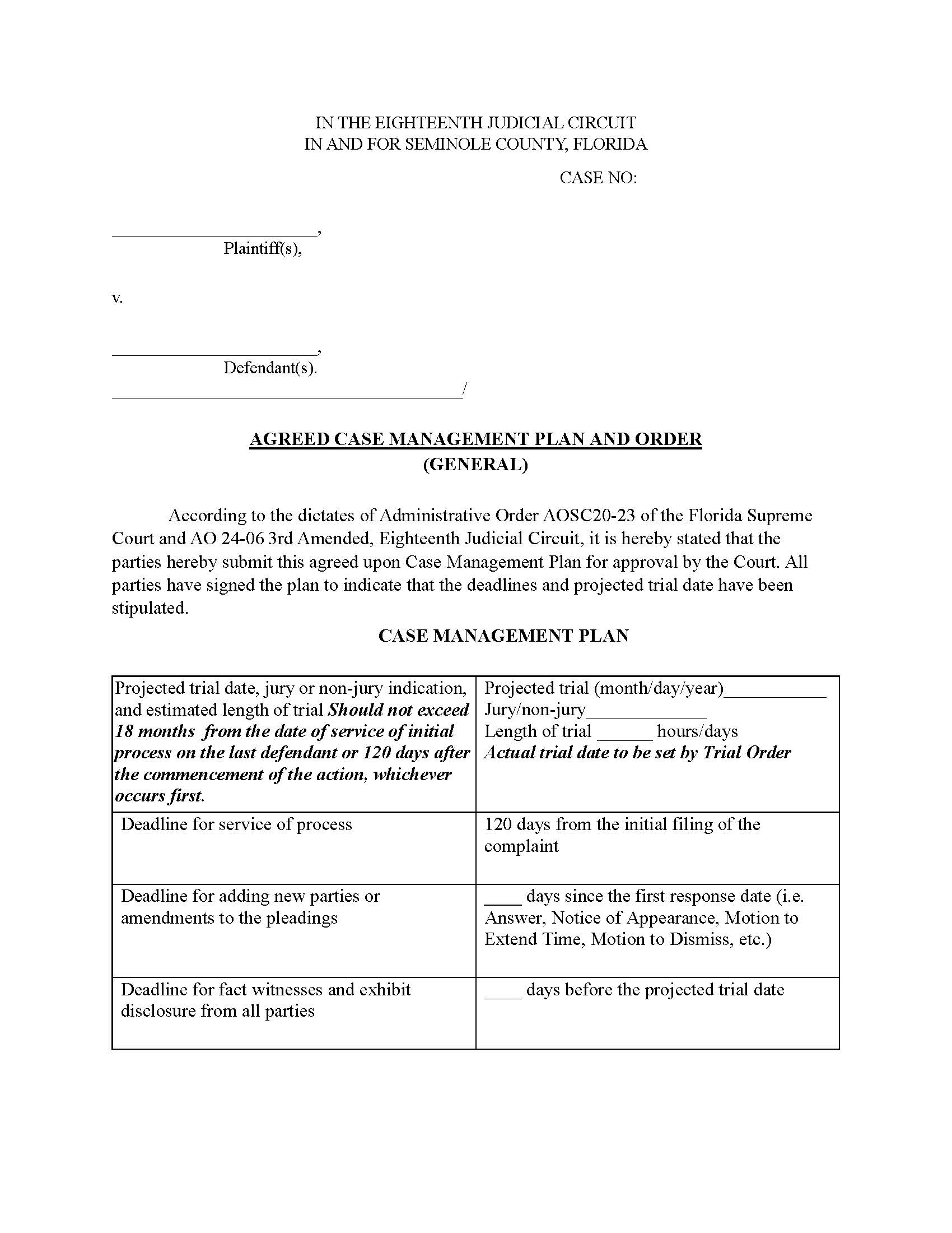 Agreed Case Management Plan And Order Seminole {Exhibit D} | Pdf Fpdf Docx | Florida