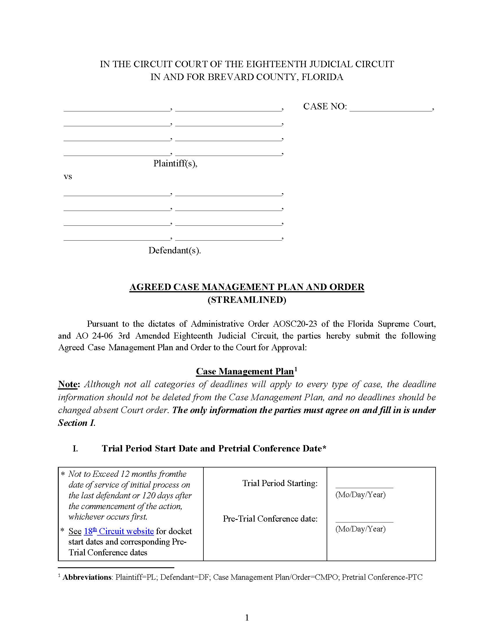 Agreed Case Management Plan And Order Streamlined Brevard {Exhibit A} | Pdf Fpdf Docx | Florida