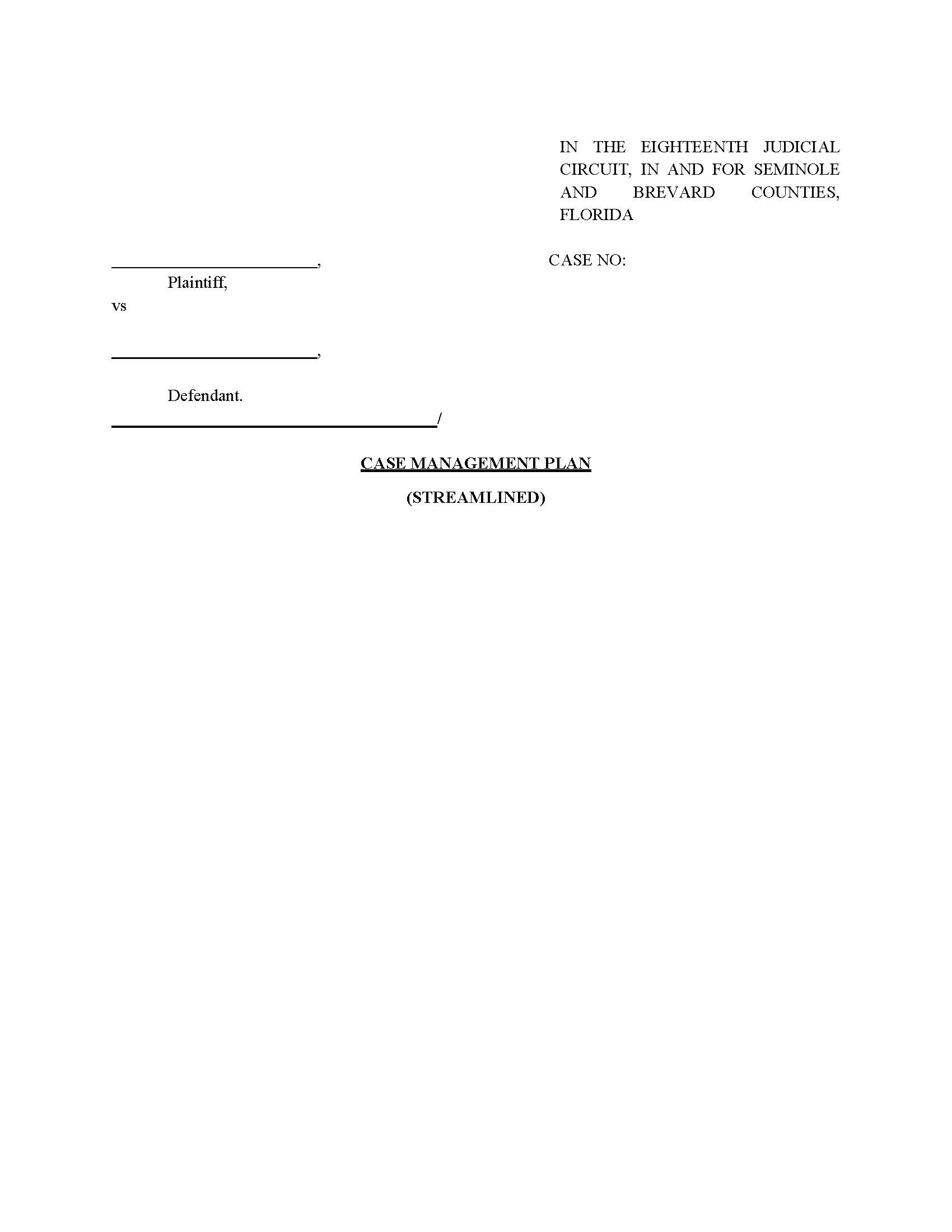 Case Management Plan (Circuit Court Streamlined) {18JC CirCMP-S} | Pdf Fpdf Docx | Florida