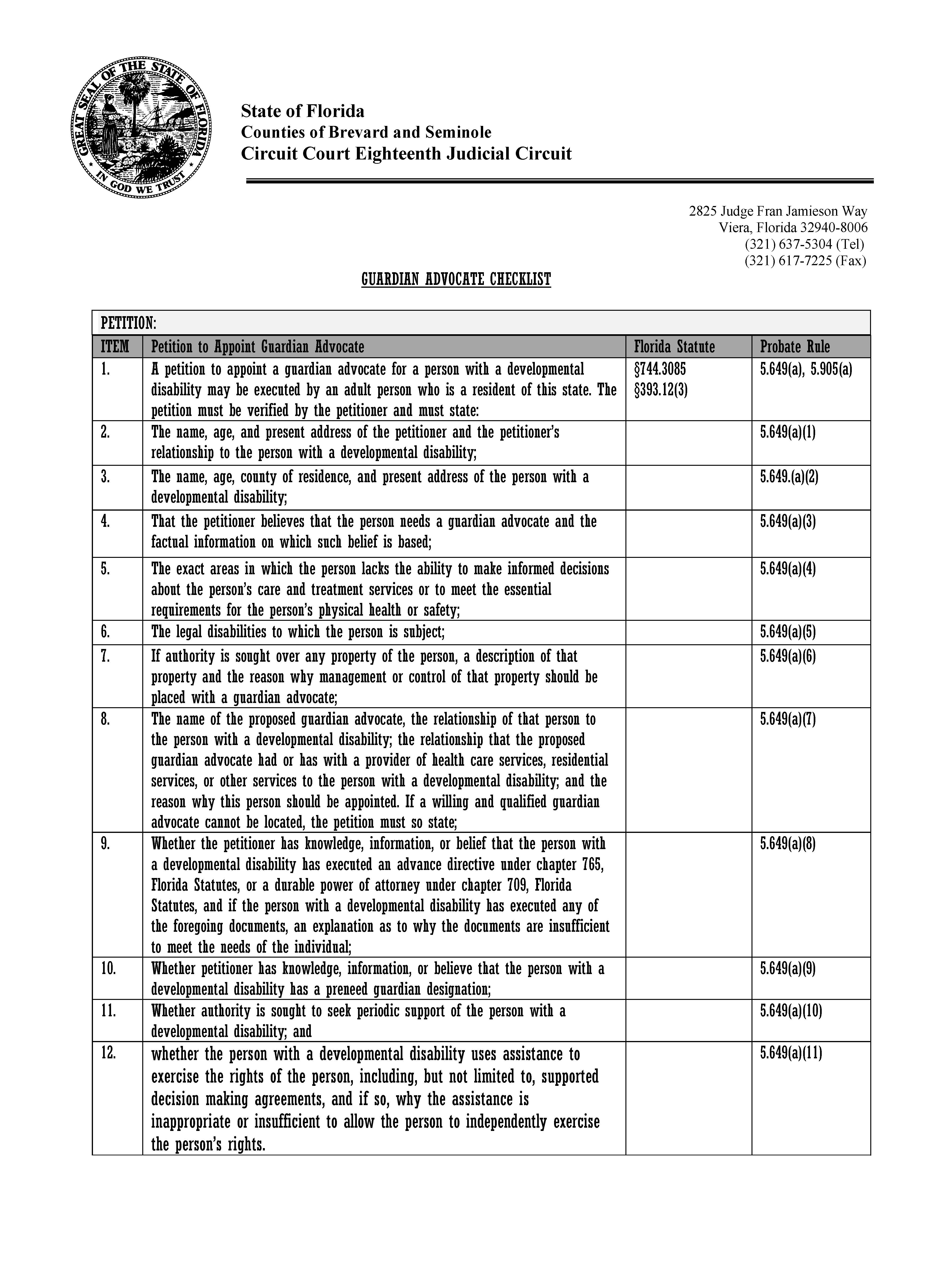 Guardian Advocate Checklist {18th_GAC} | Pdf Fpdf Docx | Florida