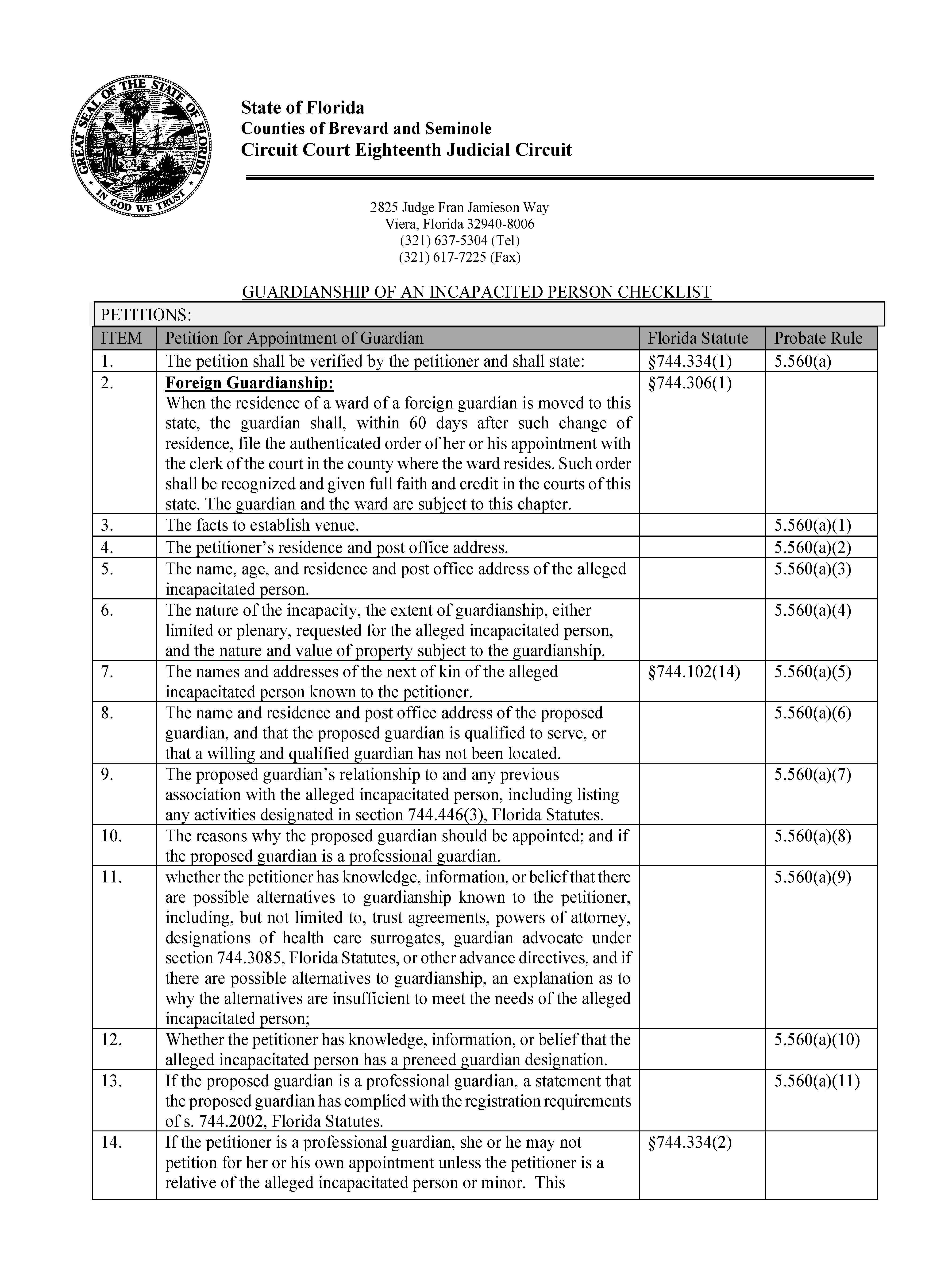 Guardianship Of Incapacited Person Checklist {18th_GIPC} | Pdf Fpdf Docx | Florida