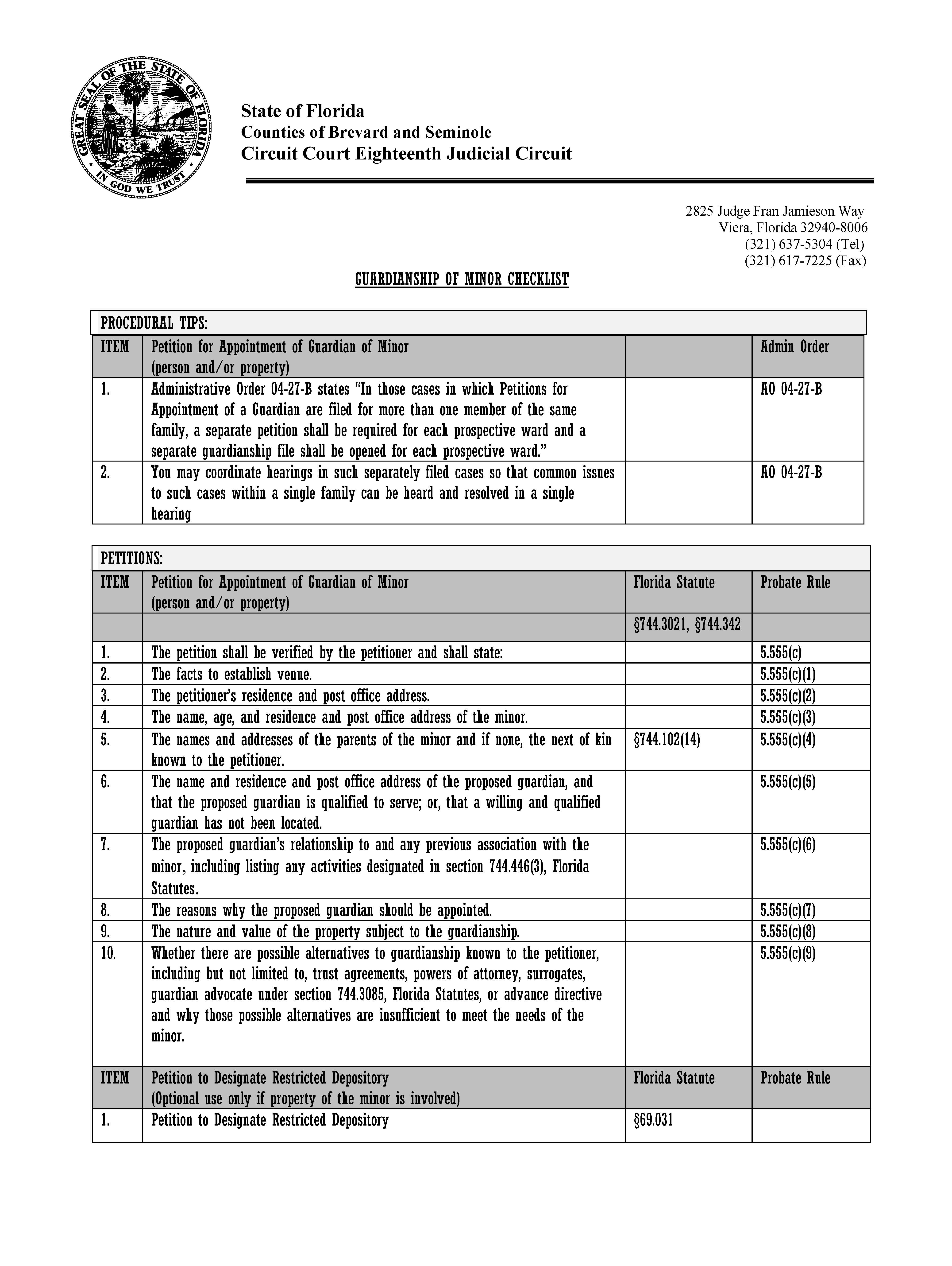Guardianship Of Minor Checklist {18th_GMC} | Pdf Fpdf Docx | Florida