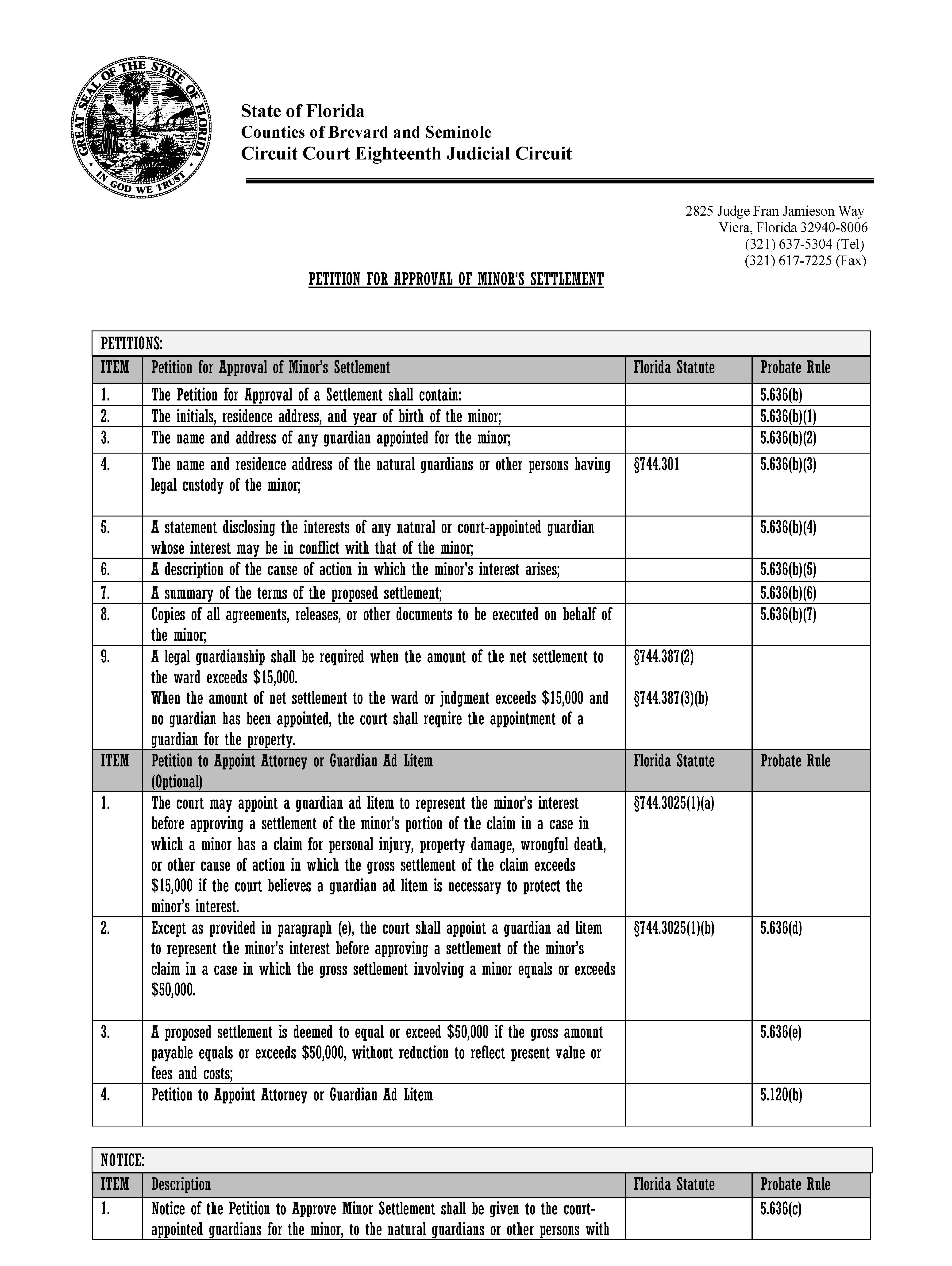 Petition For Approval Of Minors Settlement (Checklist) | Pdf Fpdf Docx | Florida