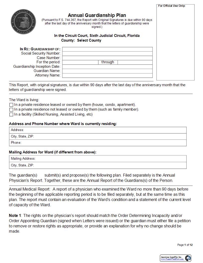 Annual Guardianship Plan | Pdf Fpdf Docx | Florida