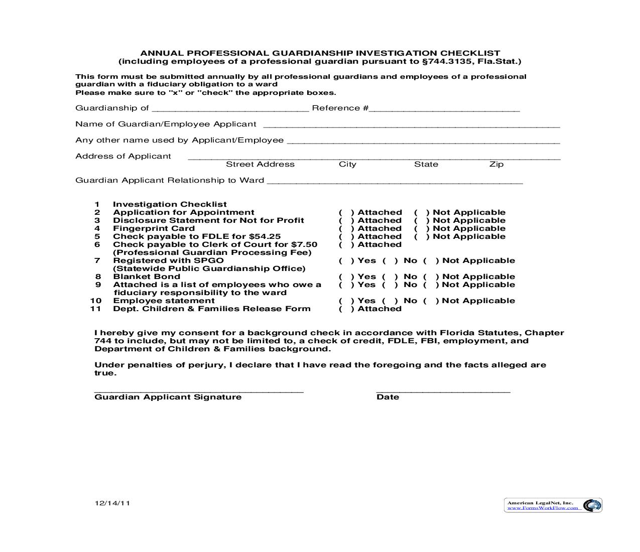 Annual Professional Guardianship Investigation Checklist | Pdf Fpdf Doc Docx | Florida