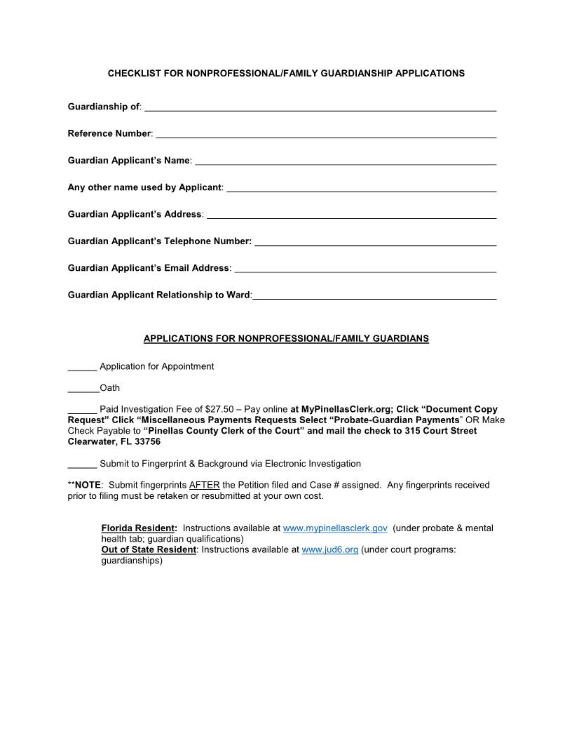 Checklist For Nonprofessional Guardianship Applications | Pdf Fpdf Doc Docx | Florida