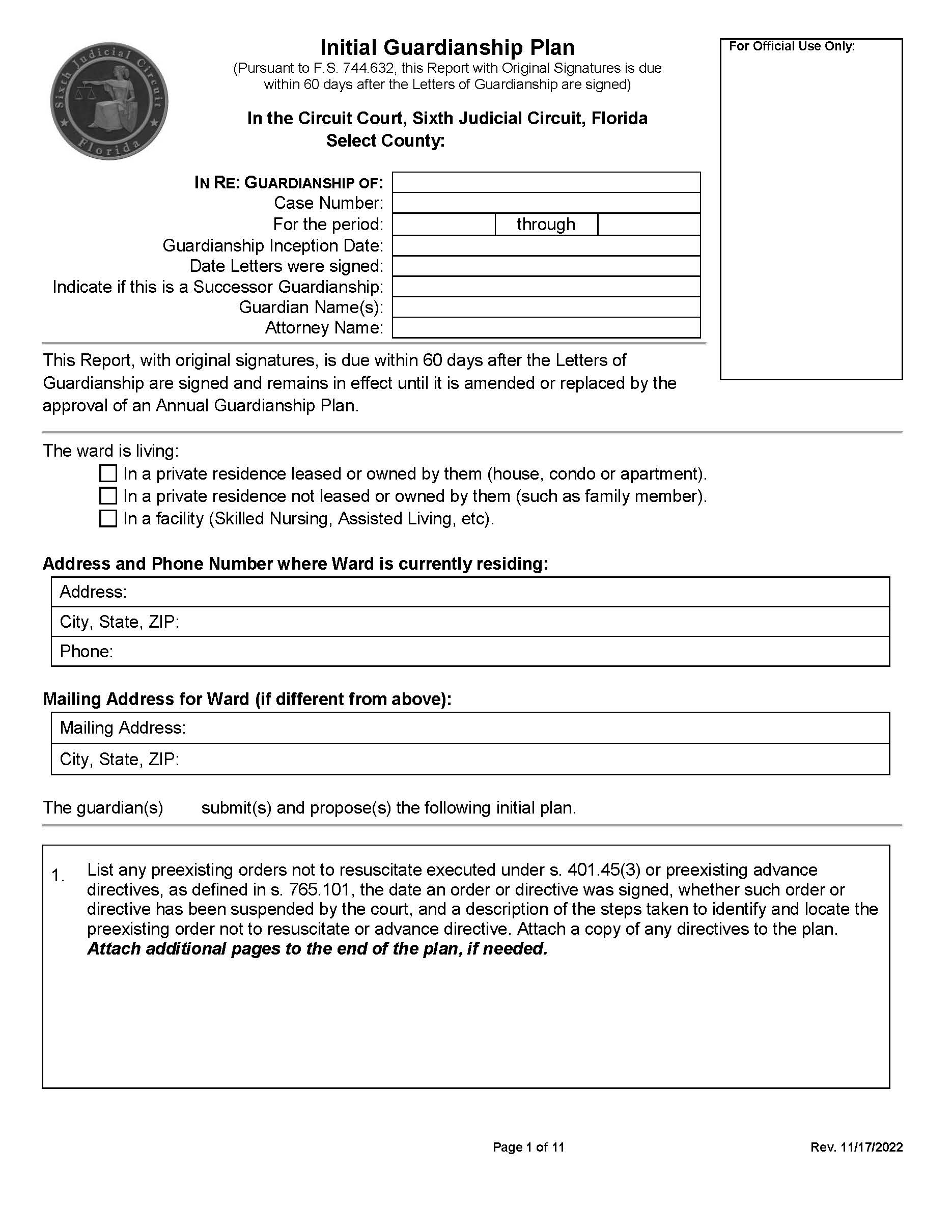 Initial Guardianship Plan | Pdf Fpdf Docx | Florida