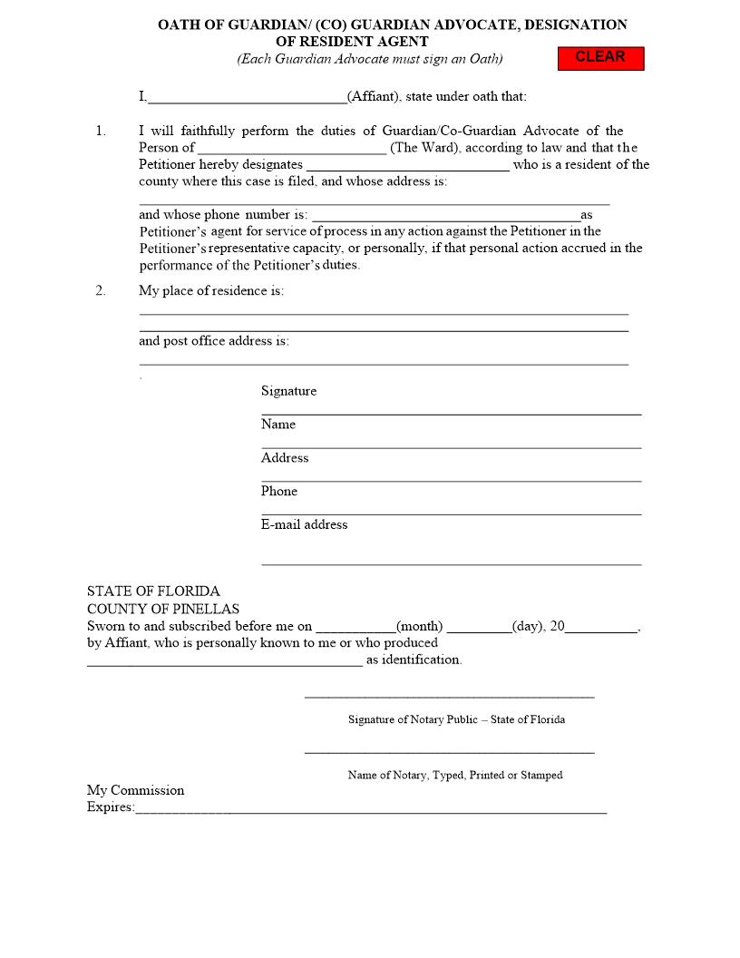 Oath Of Guardian-Co-Guardian Advocate Designation Of Resident Agent | Pdf Fpdf Docx | Florida