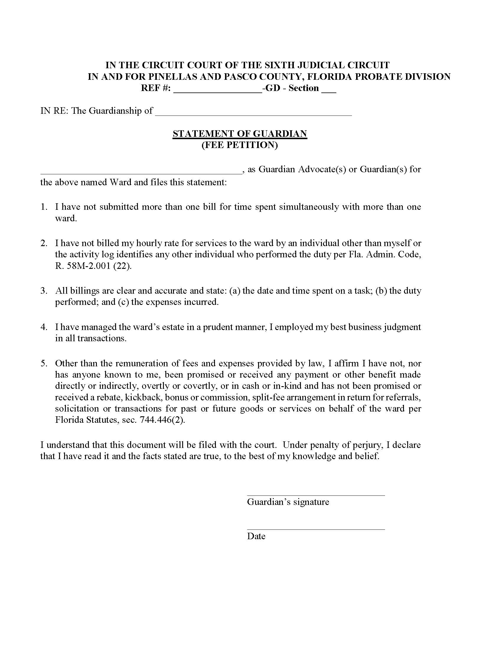 Statement Of Guardian (Fee Petition) | Pdf Fpdf Docx | Florida