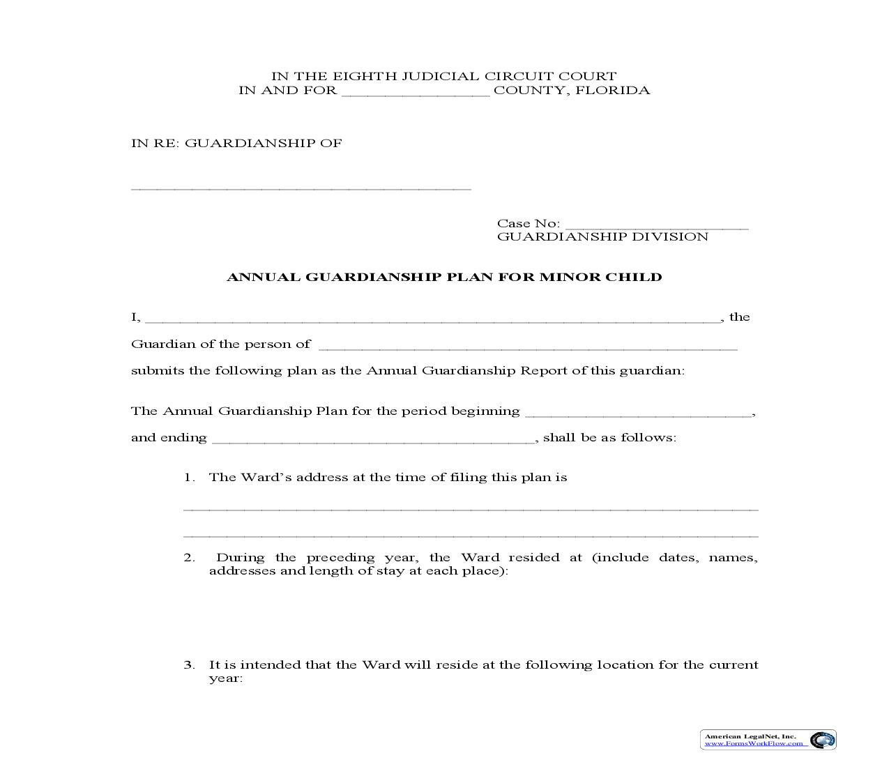 Annual Guardianship Plan For Minor Child | Pdf Fpdf Doc Docx | Florida