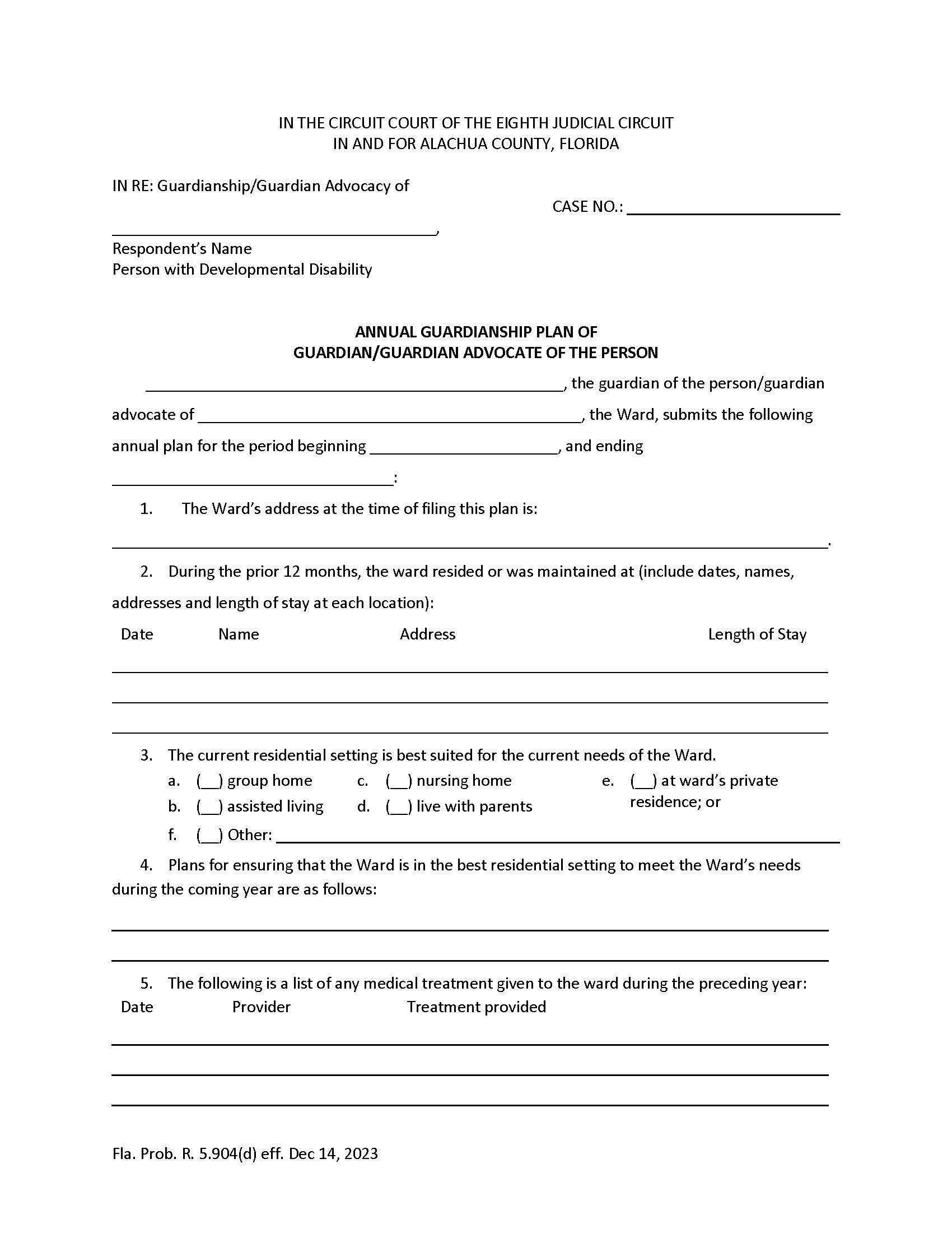 Annual Guardianship-Guardian Advocacy Plan (Adult) | Pdf Fpdf Doc Docx | Florida