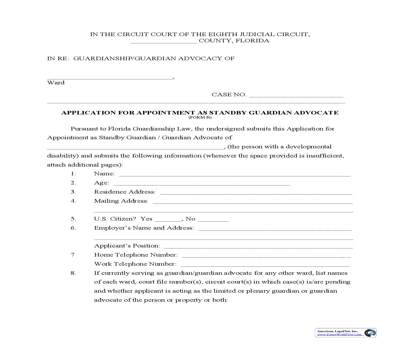 Application For Appointment As Standby Guardian Advocate {Form B} | Pdf Fpdf Doc Docx | Florida