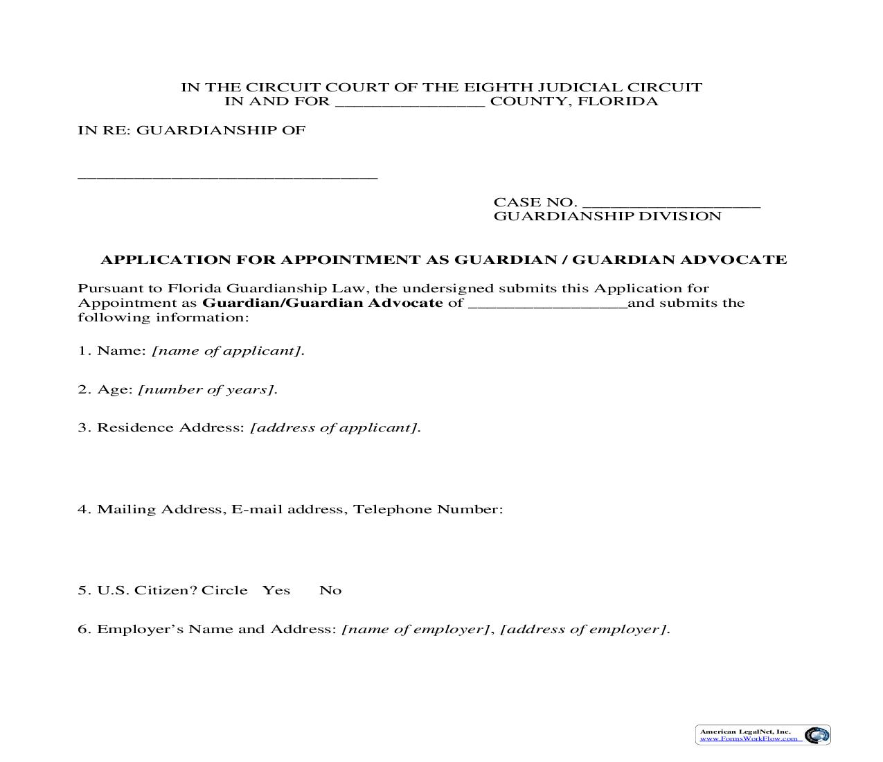 Application For Appointment Of Guardian-Guardian Advocate | Pdf Fpdf Doc Docx | Florida